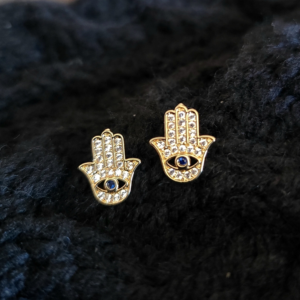 Gold tone hamsa hand earrings, dainty evil eye hamsa hand studs